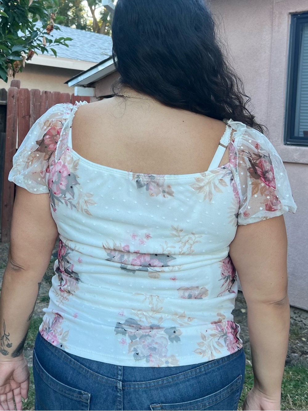 Floral Ruched Puff Sleeve Women’s Top - White/Pink - Picture 3 of 5